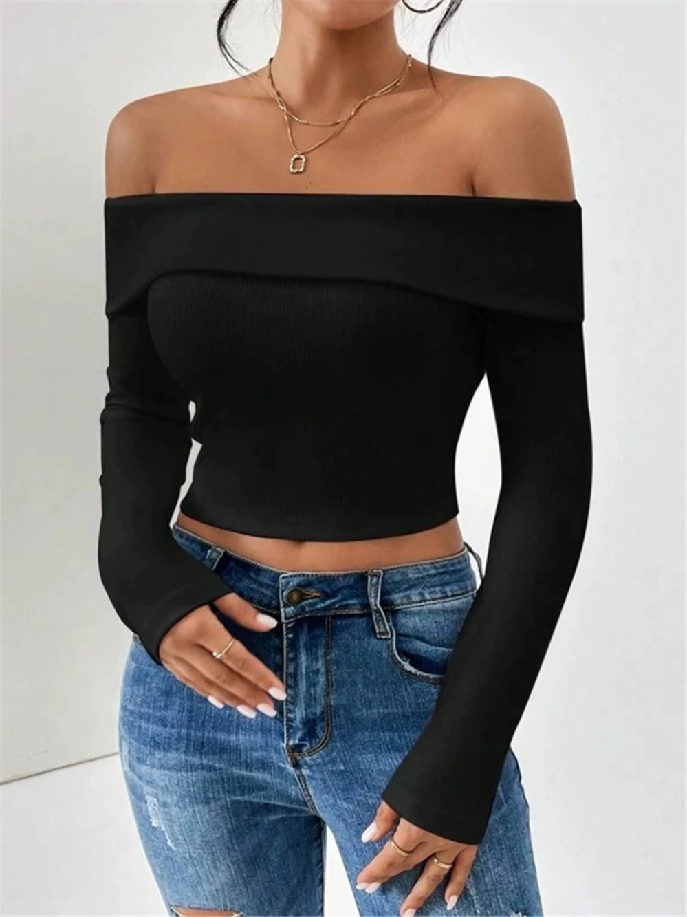 Zara Fall Winter Off Shoulder Slim Fit Long Sleeve Cropped T-Shirt
